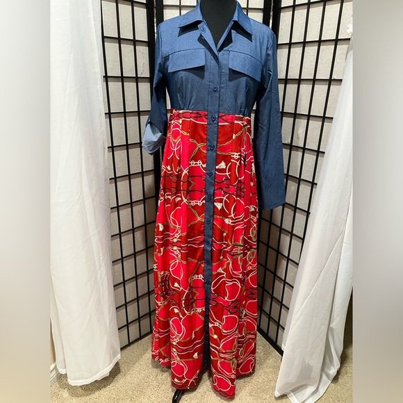 METAMORPHOSIS GIRL DENIM AND COLORFUL ABSTRACT PRINT SHIRT WAIST DRESS, SIZE S - Picture 4 of 10